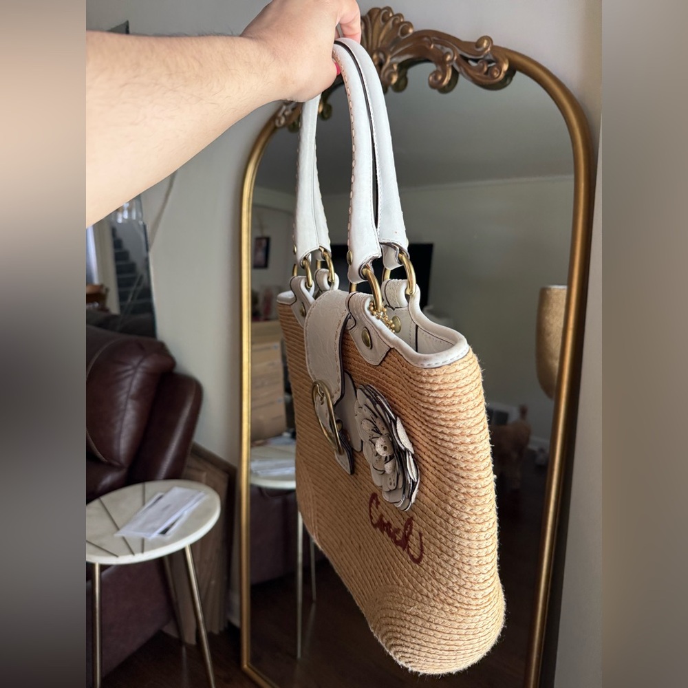 Coach Bleecker Straw Tote with White Trim and Floral Applique - Picture 5 of 9